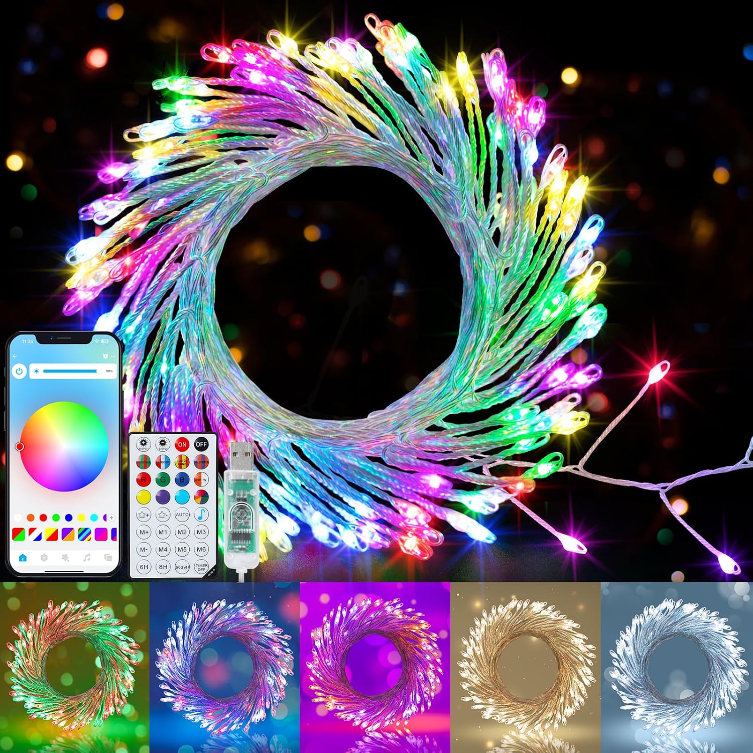 Cluster Fairy Lights 10 ft, 120 LED, Colour Changing with App