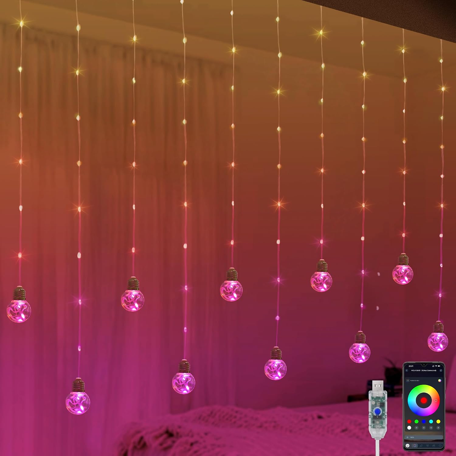 Colour Changing Curtain Lights 9.8 x 3.3 ft, USB Powered RGB