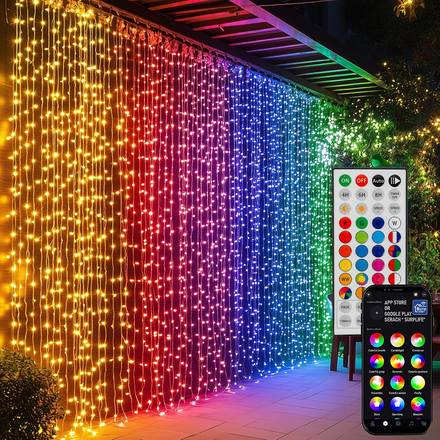 Colour Changing Curtain String Lights, 300 LED, Remote Controlled