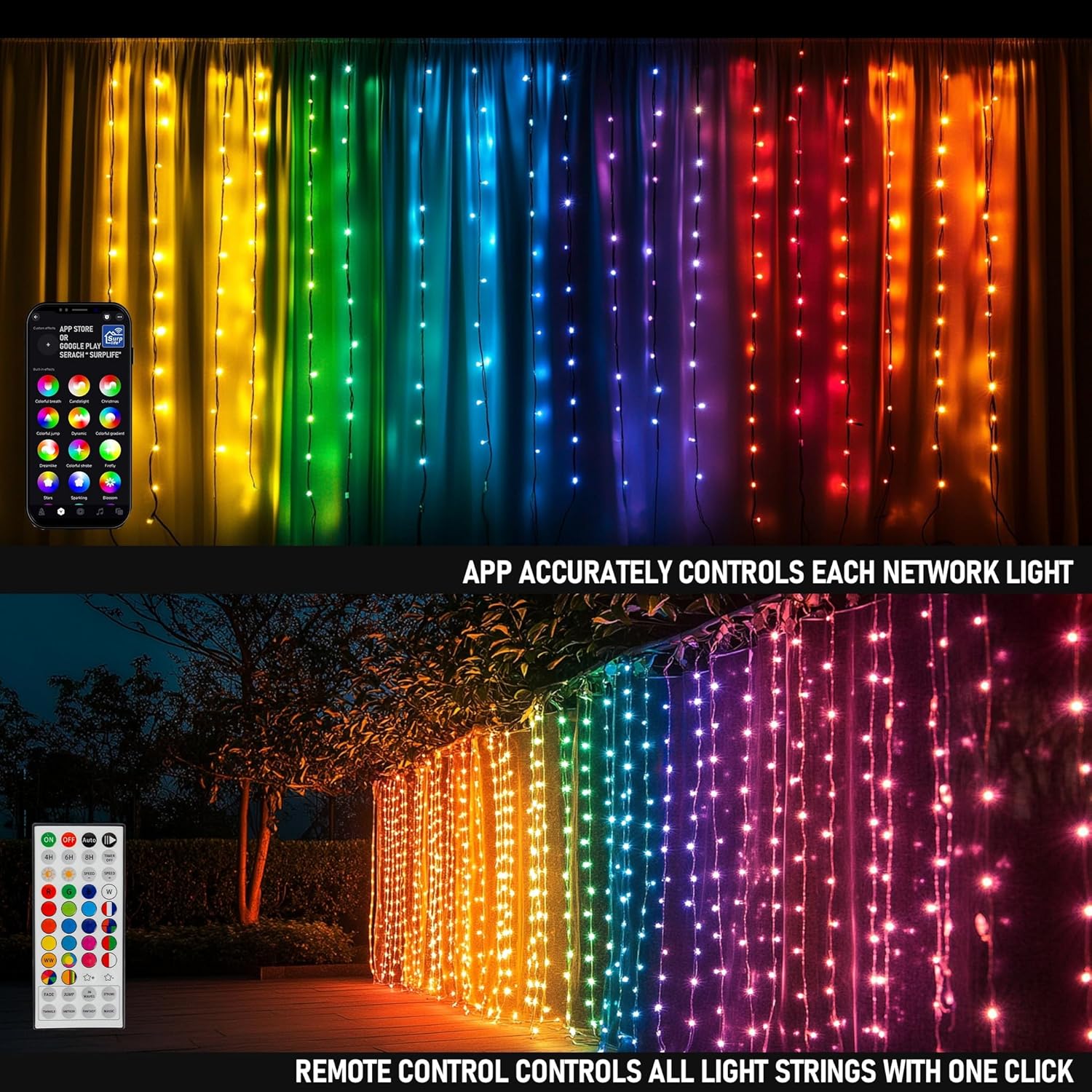 Colour Changing Curtain String Lights, 300 LED, Remote Controlled