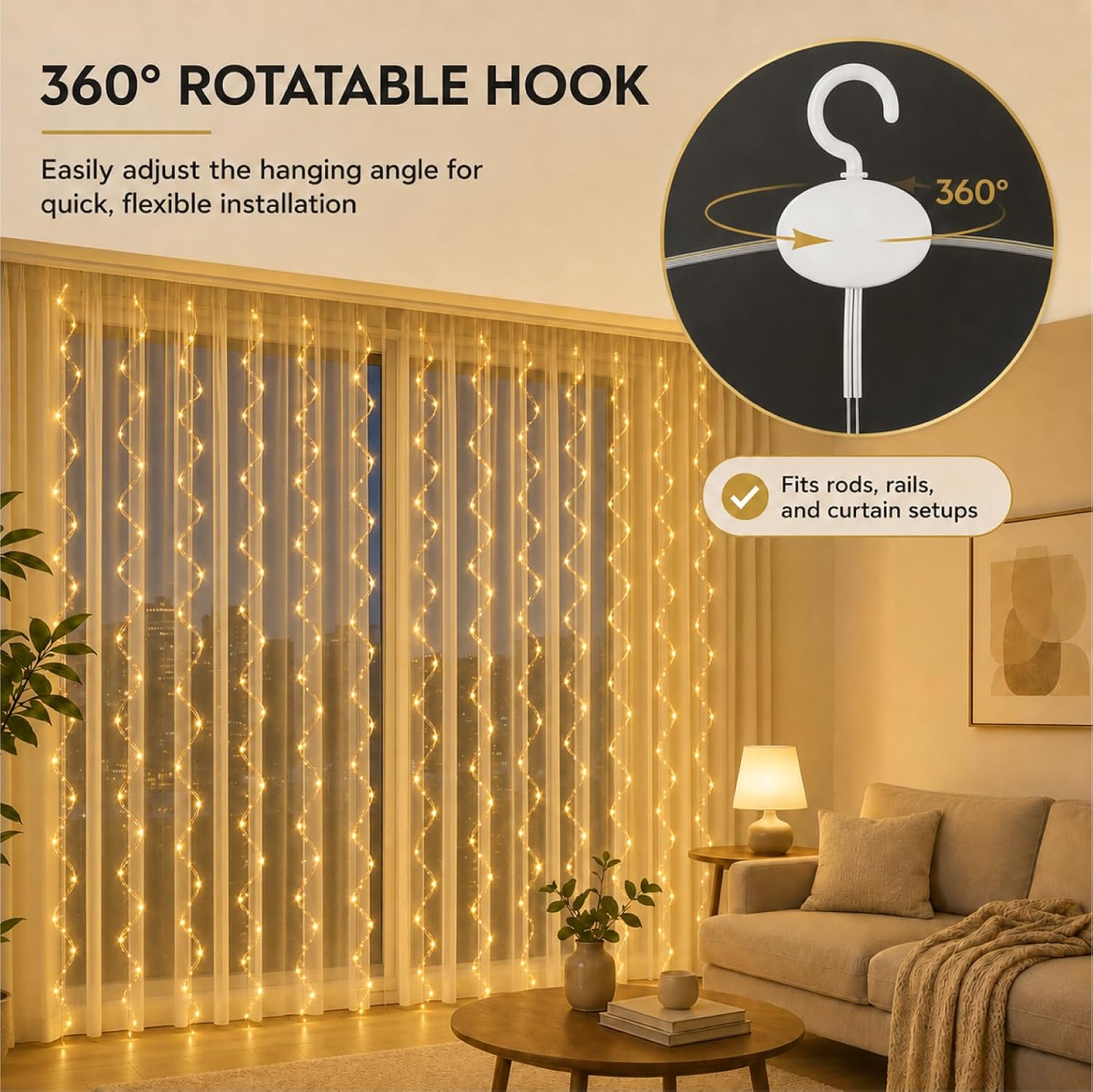 Curtain Fairy Lights 9.8 x 9.8 ft, 300 LED, USB with Remote, 8 Modes