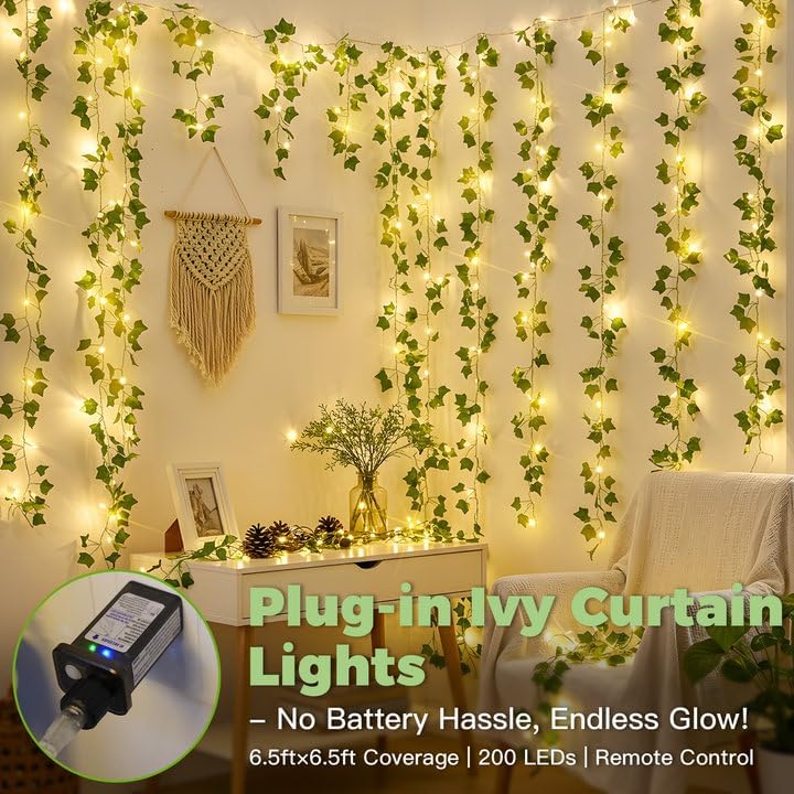 Ivy Vine Curtain Lights 6.5 x 6.5 ft, 200 LED, Plug In with Remote
