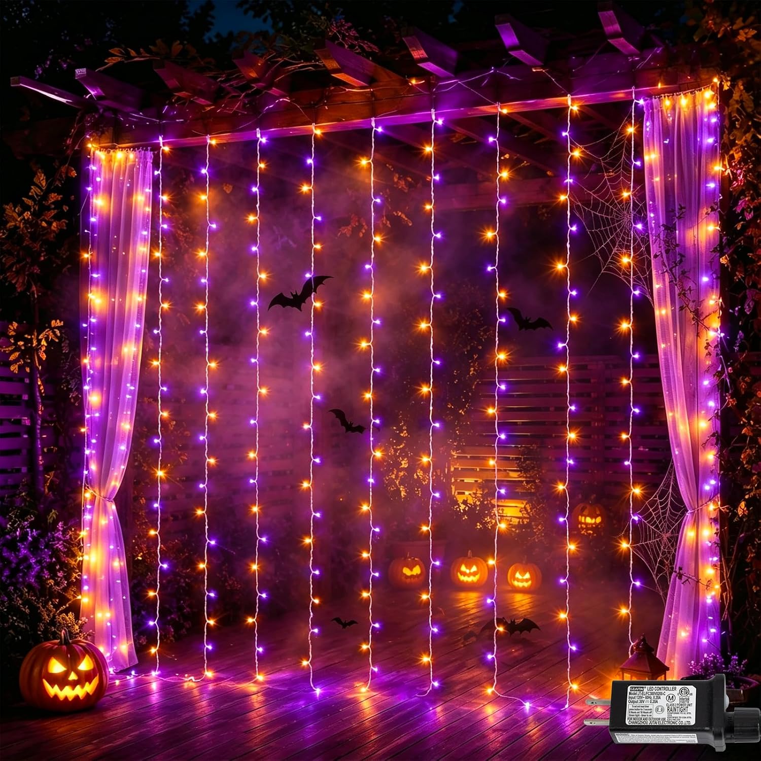 Orange and Purple Curtain Lights, 300 LED, 8 Modes, Plug In