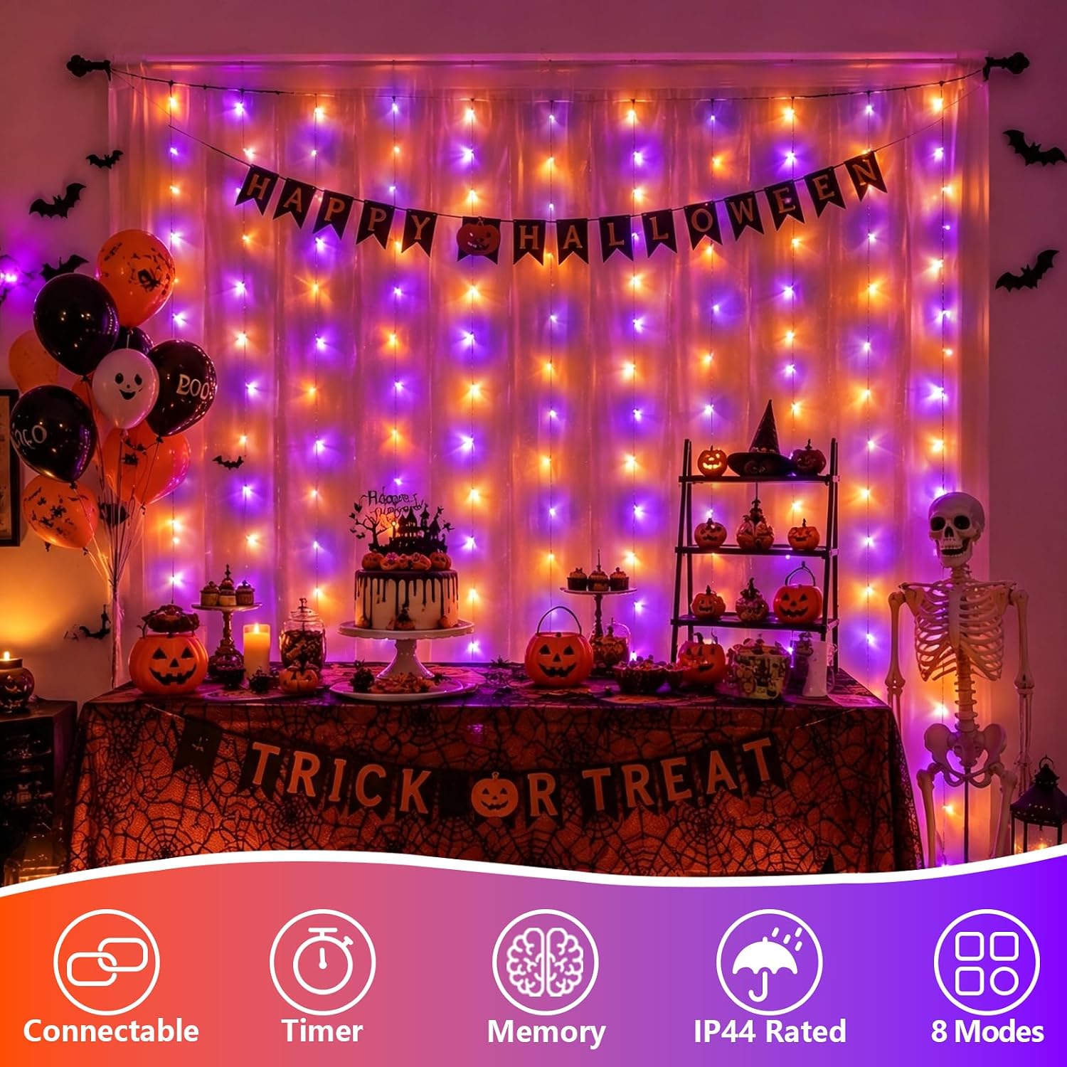 Orange and Purple Curtain Lights, 300 LED, 8 Modes, Plug In