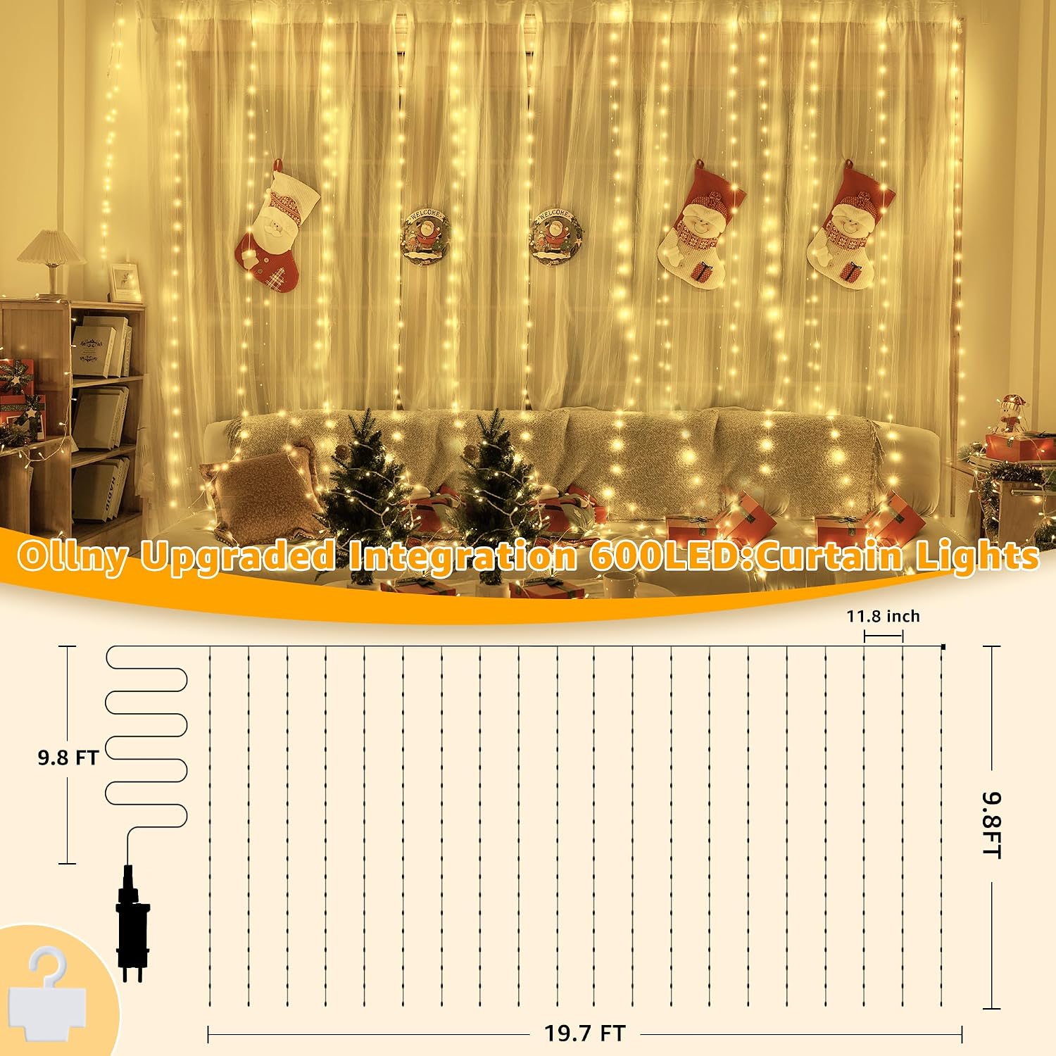 Outdoor Curtain Lights 19.7 x 9.8 ft, 600 LED, IP67 Waterproof
