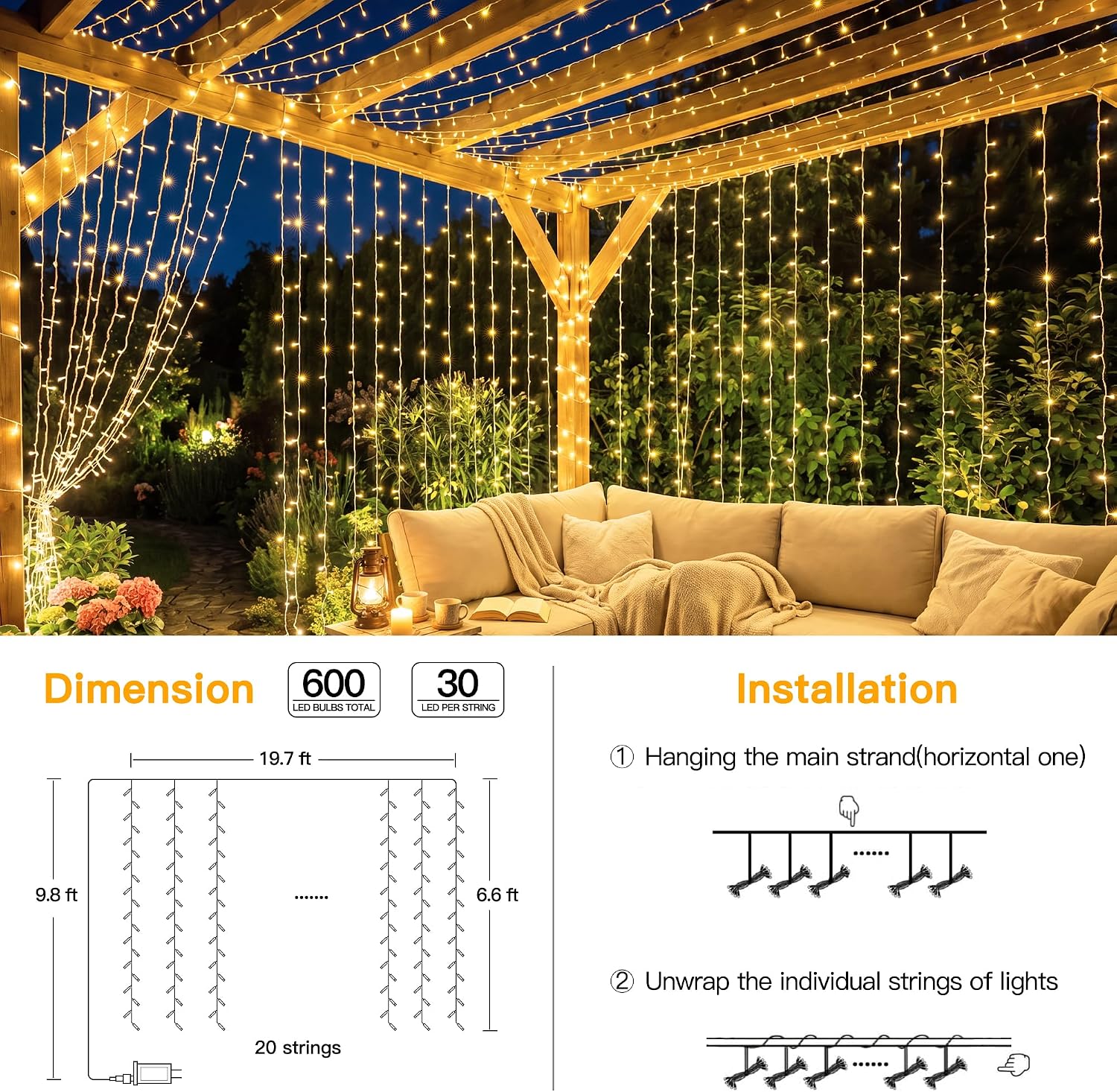 Outdoor Curtain Lights 19.7 x 9.8 ft, 600 LED, Waterproof Backdrop Set