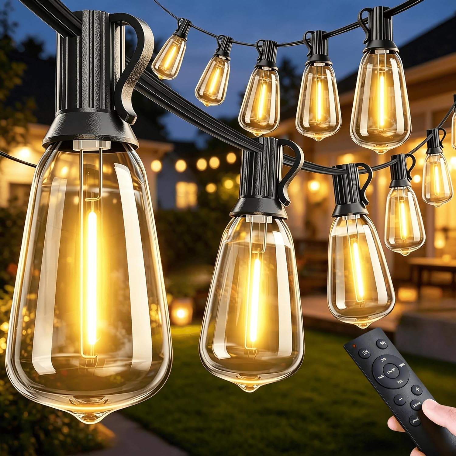 Outdoor Patio String Lights 100 ft, Waterproof with Remote Dimmer