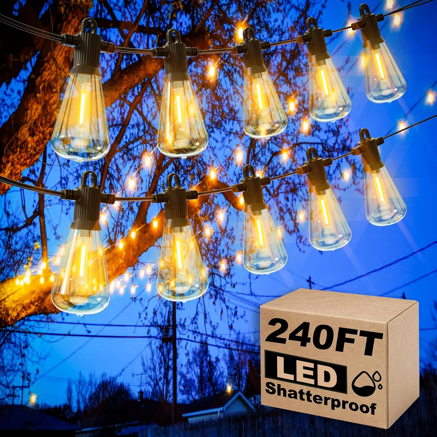 Outdoor Patio String Lights 240 ft with 124 ST38 Vintage Bulbs