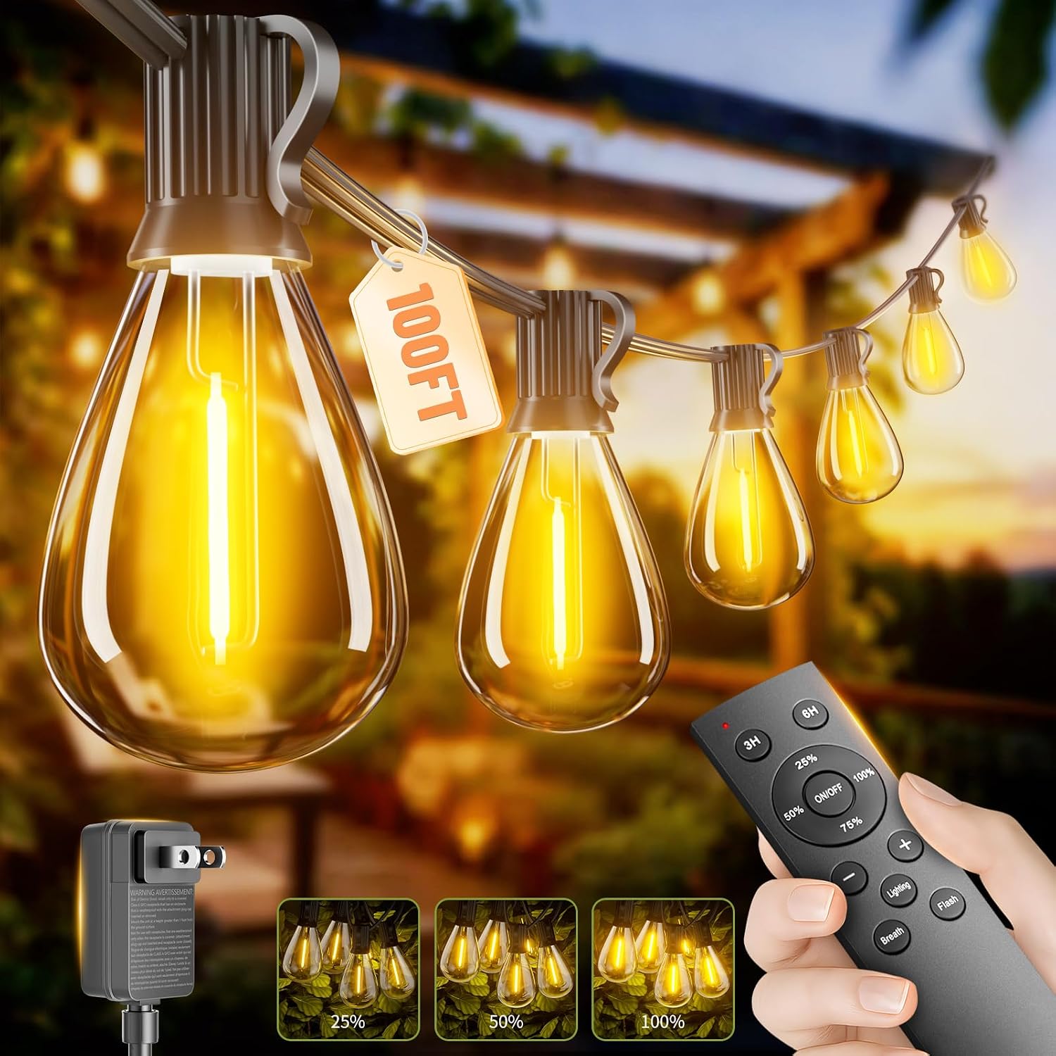 Outdoor String Lights 100 ft with 36 Shatterproof Bulbs, Dimmable