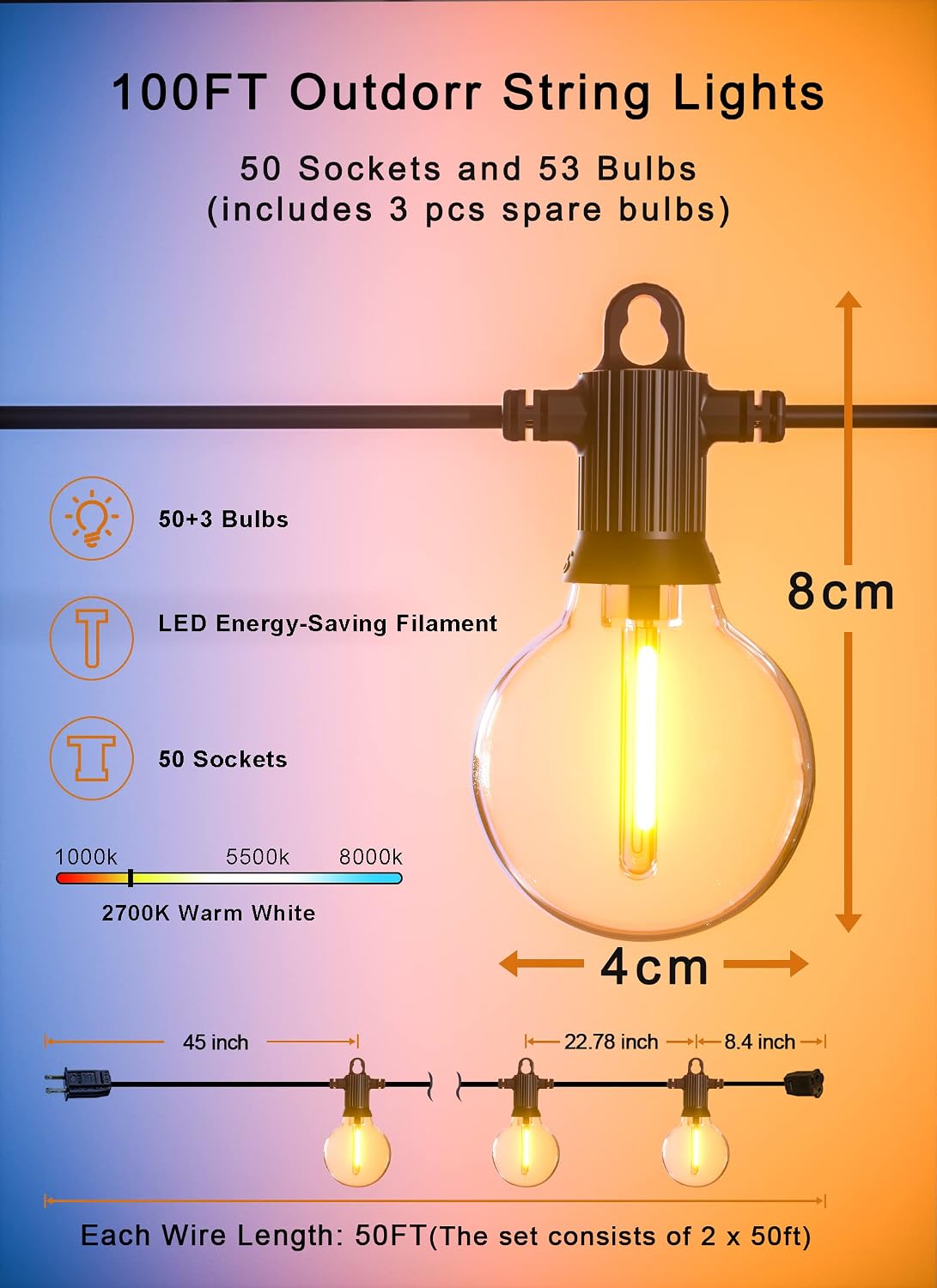Outdoor String Lights 100 ft with 53 Shatterproof G40 Globe Bulbs
