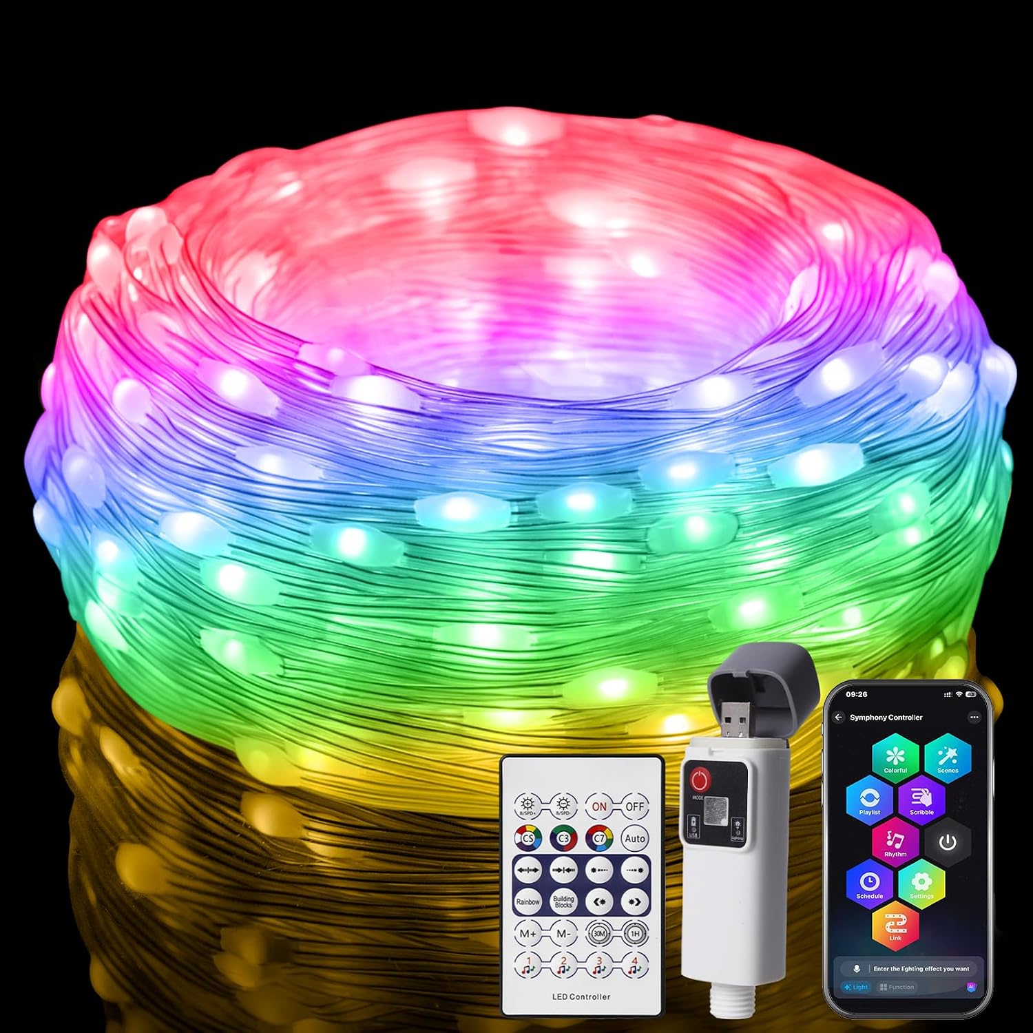 Rechargeable RGB String Lights 16 ft, 50 LED, Indoor with Controller