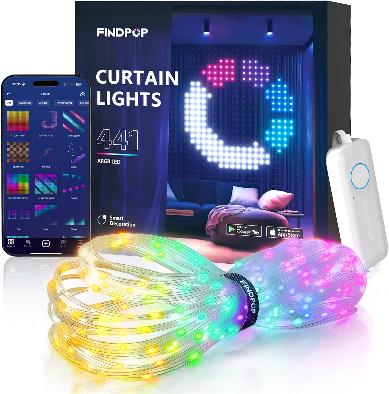 Smart Curtain Lights, 441 LED, Colour Changing with Music Sync