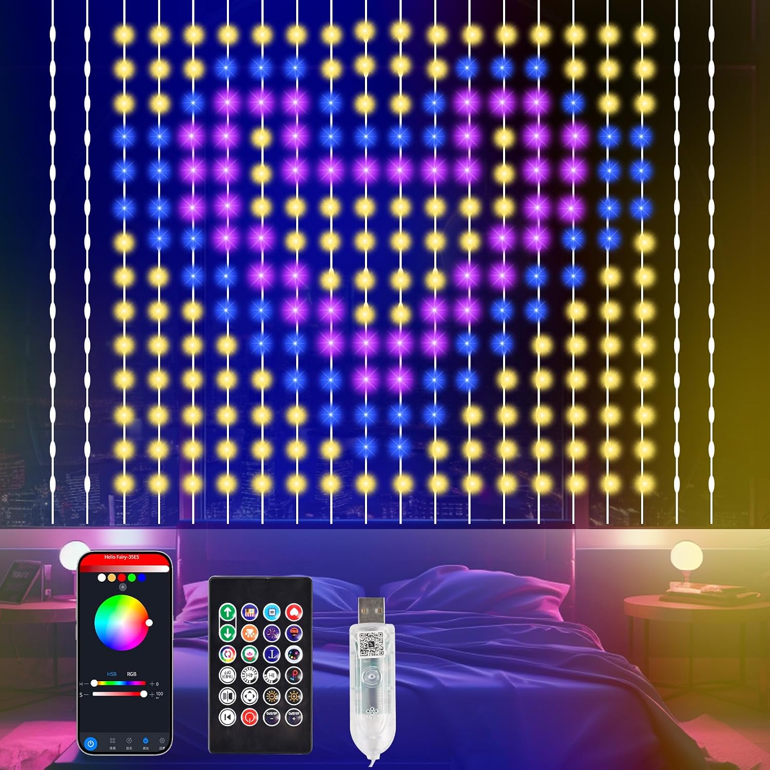 Smart Outdoor Curtain Lights 6.6 x 6.6 ft, 400 LED, App with Timer