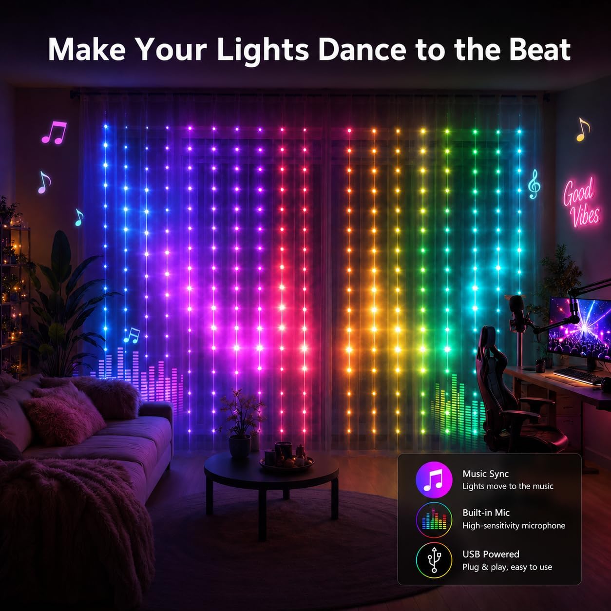 Smart Outdoor Curtain Lights 6.6 x 6.6 ft, 400 LED, App with Timer