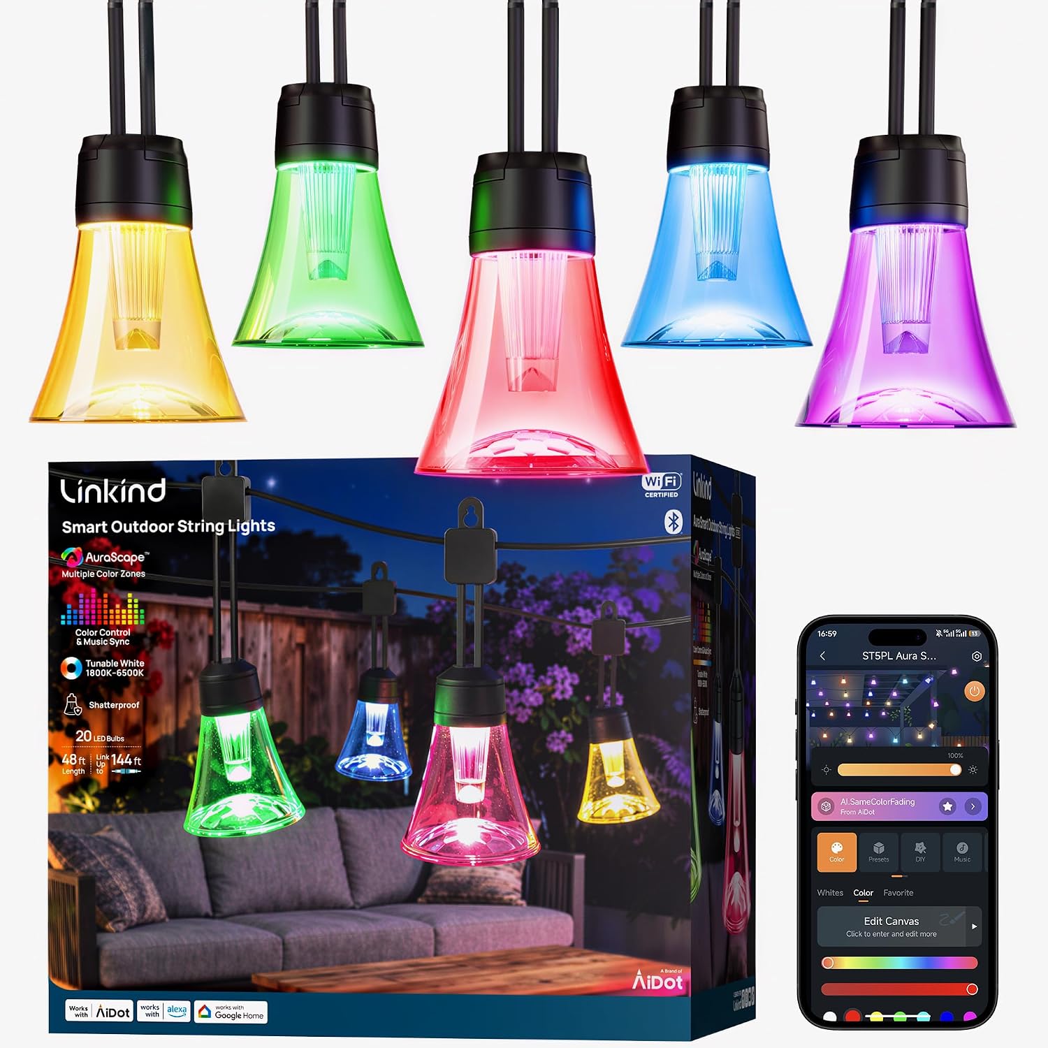 Smart Outdoor String Lights 48 ft with 20 RGB Bulbs