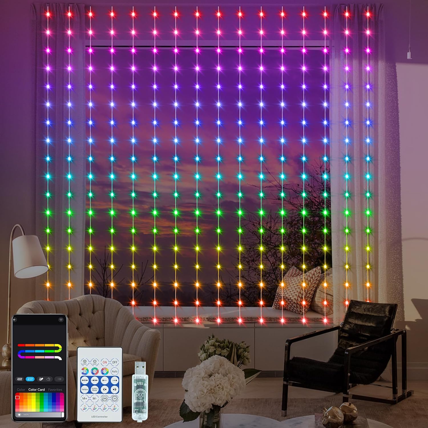 Smart RGB Curtain Lights 8 x 6 ft, 144 LED, App and Remote Control