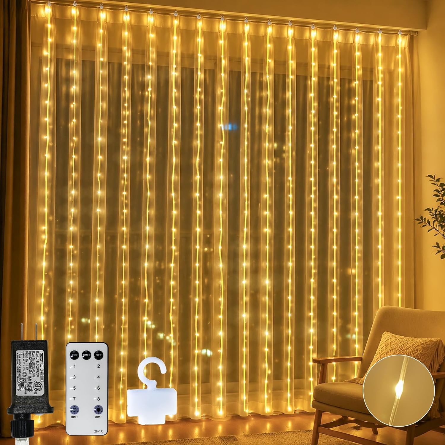 Tangle Free Warm White Curtain Lights 6.5 x 6.5 ft