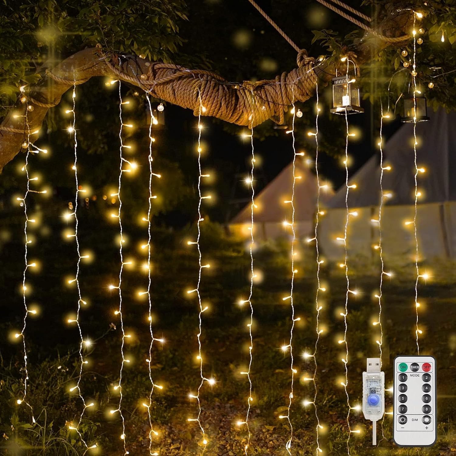 Warm White Curtain Lights 6.5 x 6.5 ft, 200 LED, USB with Remote