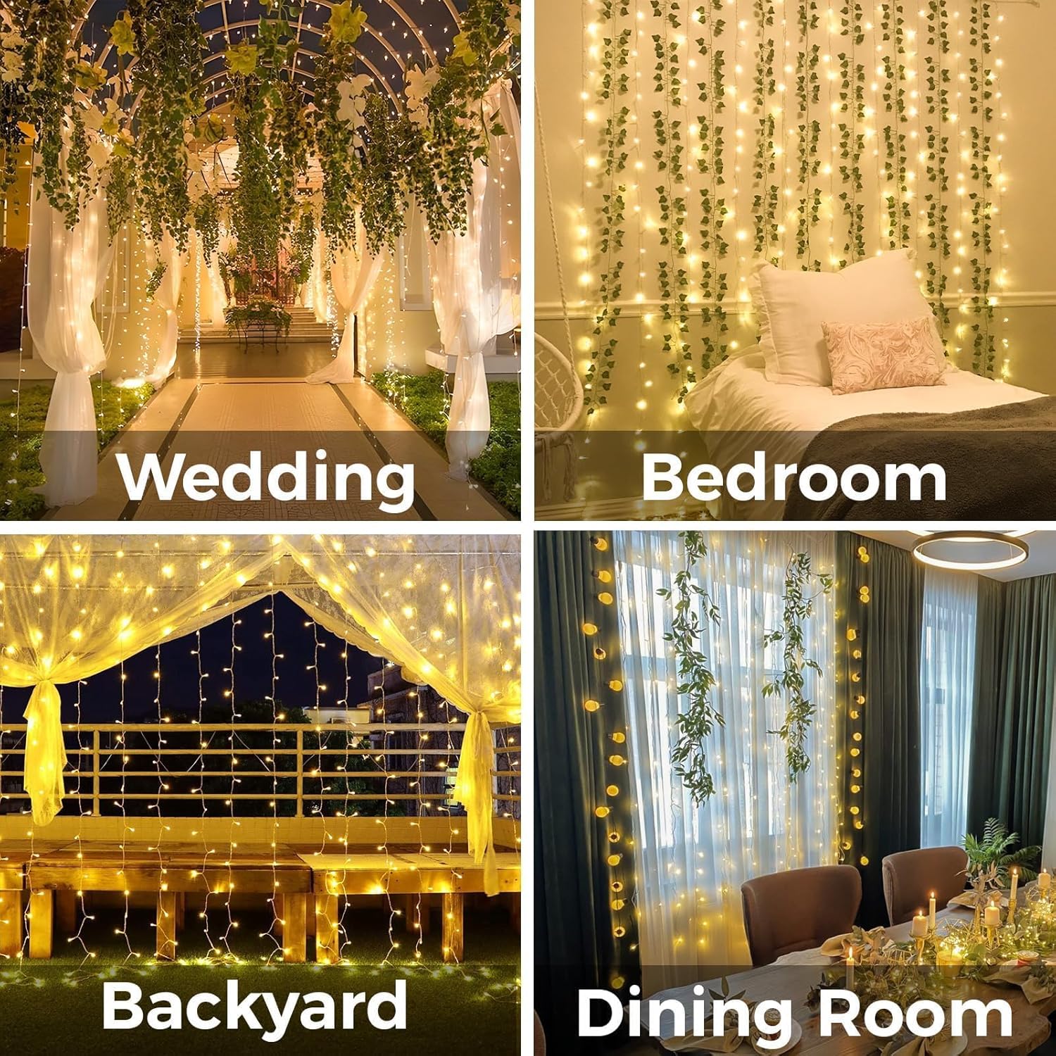 Warm White Curtain Lights 6.5 x 6.5 ft, 200 LED, USB with Remote