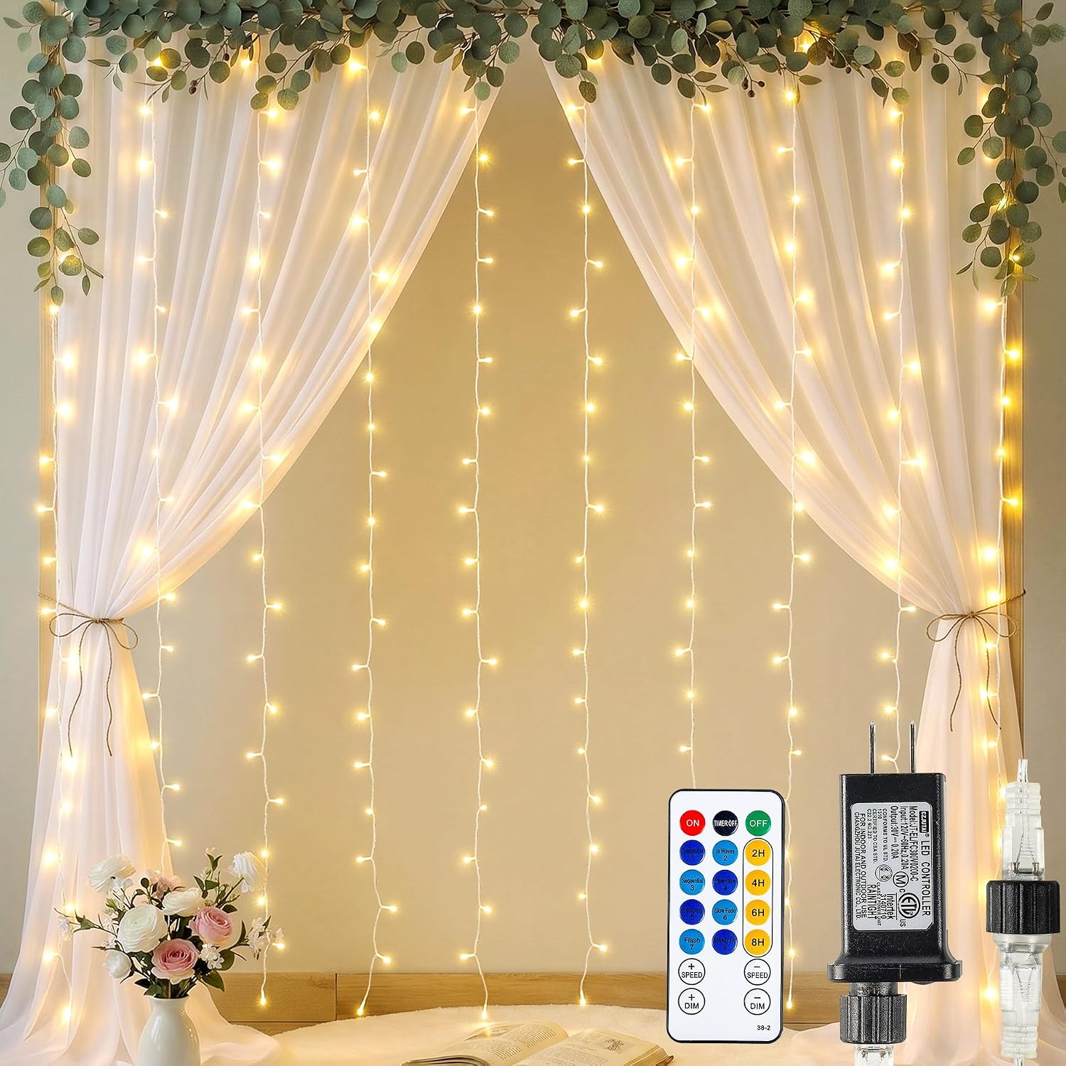 Warm White Curtain Lights 6.6 x 6.6 ft, 200 LED, Plug In