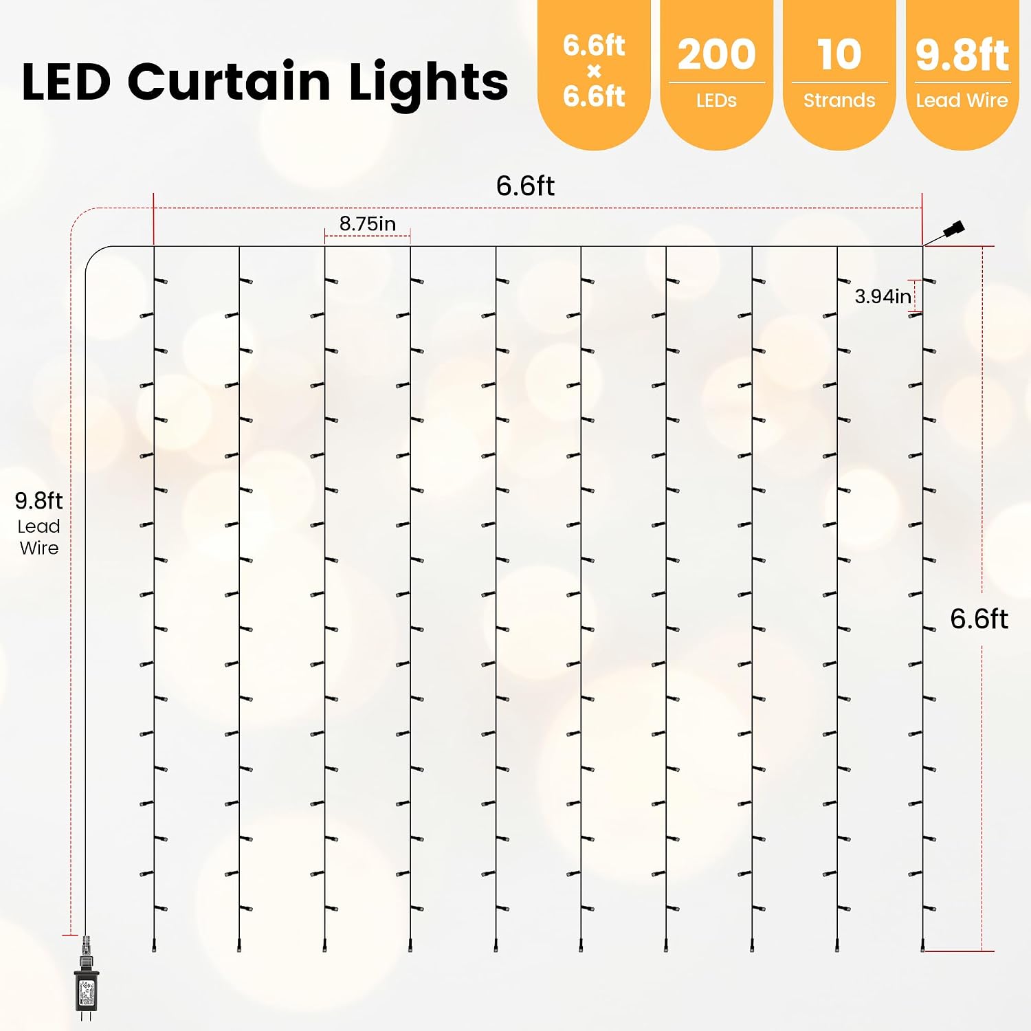 Warm White Curtain Lights 6.6 x 6.6 ft, 200 LED, Plug In