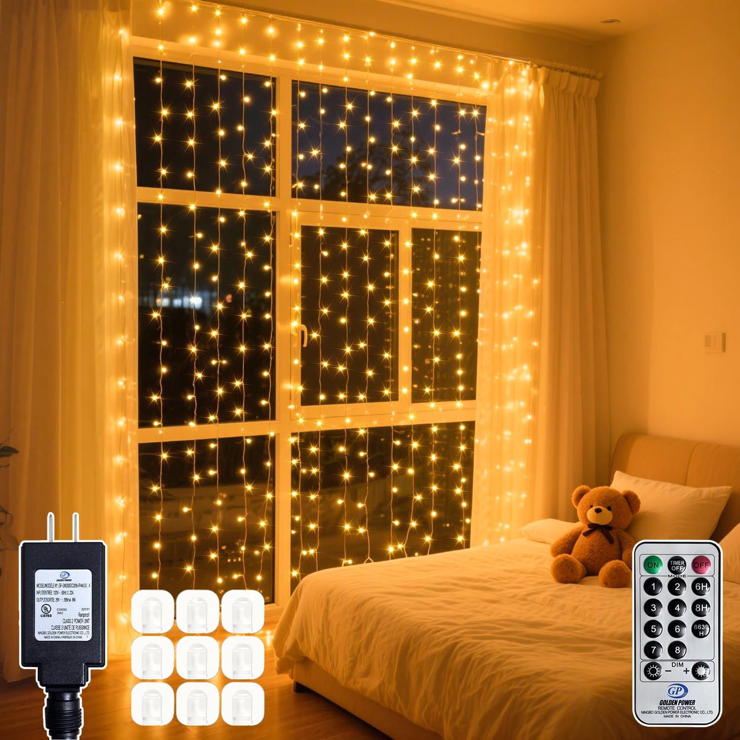 Warm White Curtain String Lights 9.8 x 6.6 ft, 200 LED, Plug In