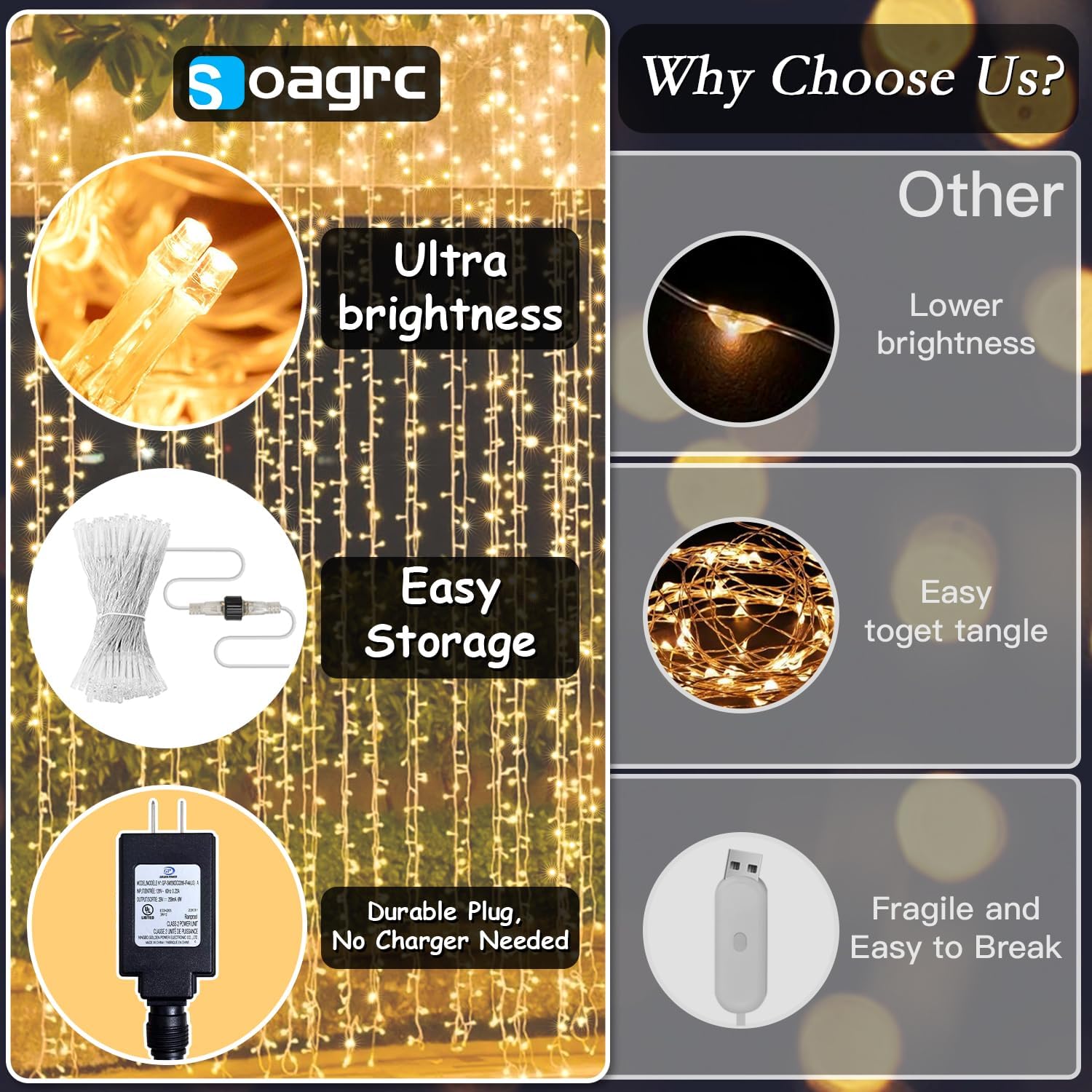 Warm White Curtain String Lights 9.8 x 6.6 ft, 200 LED, Plug In